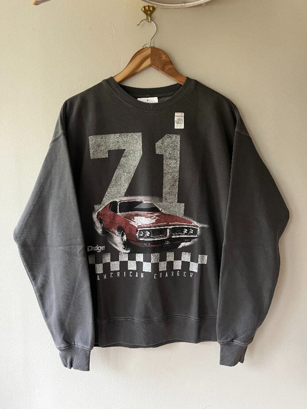 Dodge Sz S Oversized Gray Crewneck Sweatshirt Pullover Graphic Vtg 1971 Car Flag